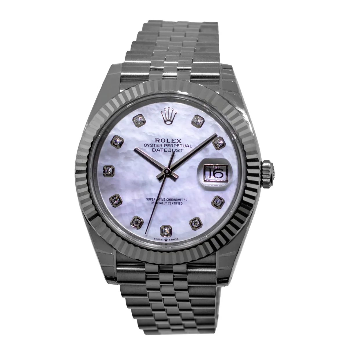 Rolex Datejust II 41mm Stainless Steel Mother of Pearl Diamond Dial 18K White Gold Fluted Bezel 126334