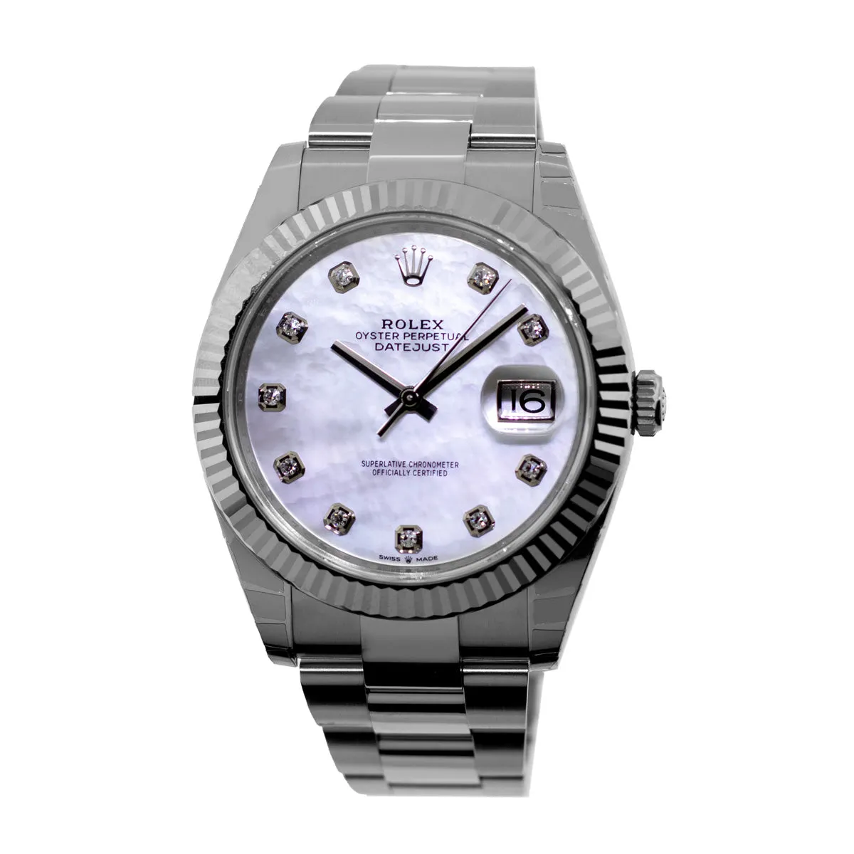 Rolex Datejust II 41mm Stainless Steel Mother of Pearl Diamond Dial 18K White Gold Fluted Bezel 126334