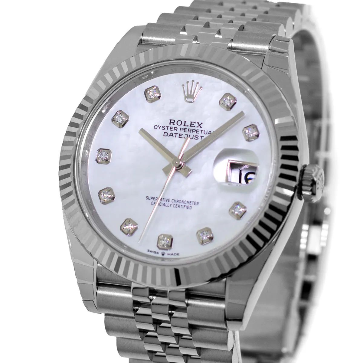 Rolex Datejust II 41mm Stainless Steel Mother of Pearl Diamond Dial 18K White Gold Fluted Bezel 126334