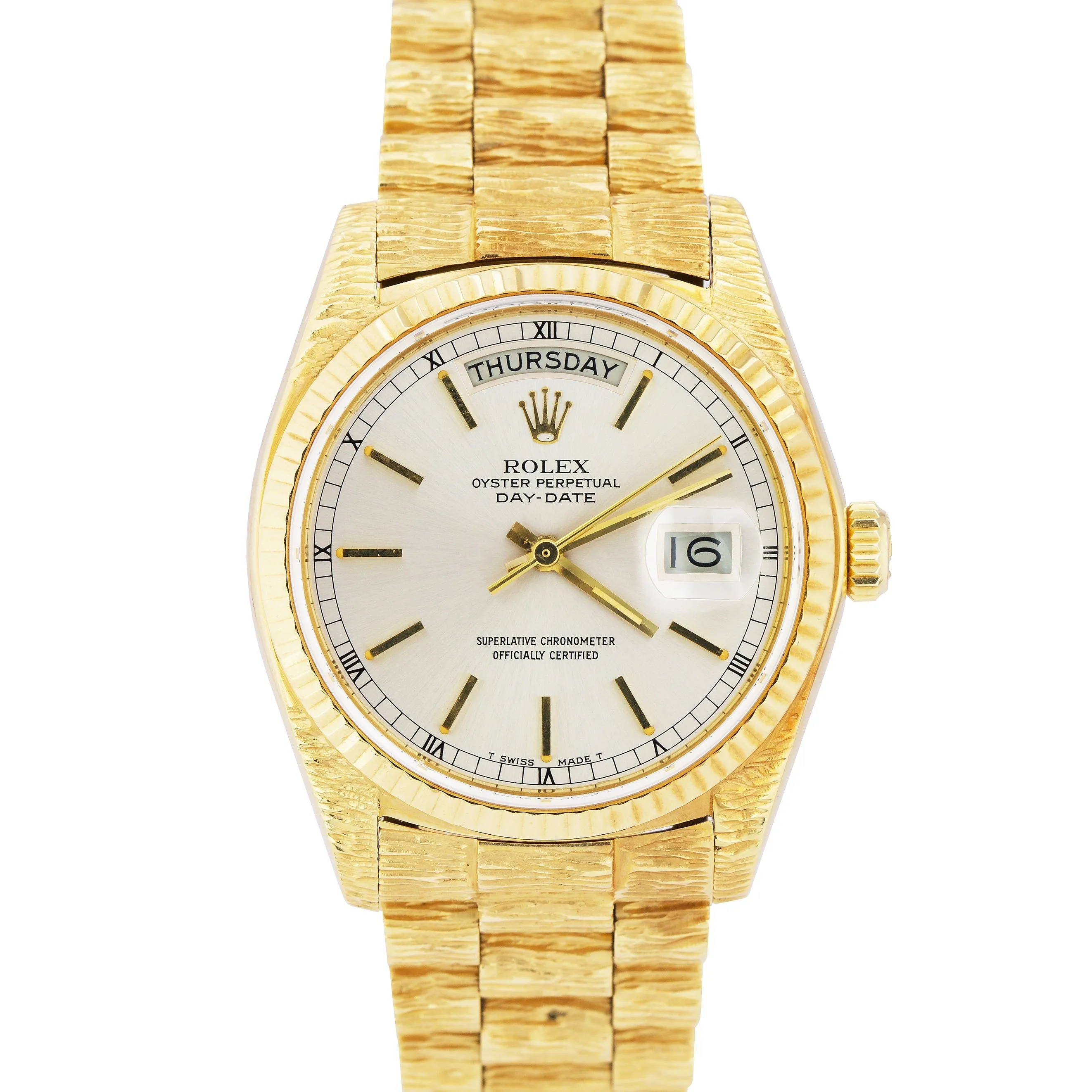 Rolex Day-Date President 18038 Silver Index Dial Bark 36mm 18K Yellow Gold Watch