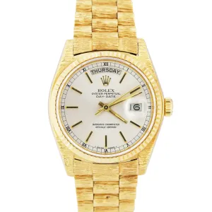 Rolex Day-Date President 18038 Silver Index Dial Bark 36mm 18K Yellow Gold Watch