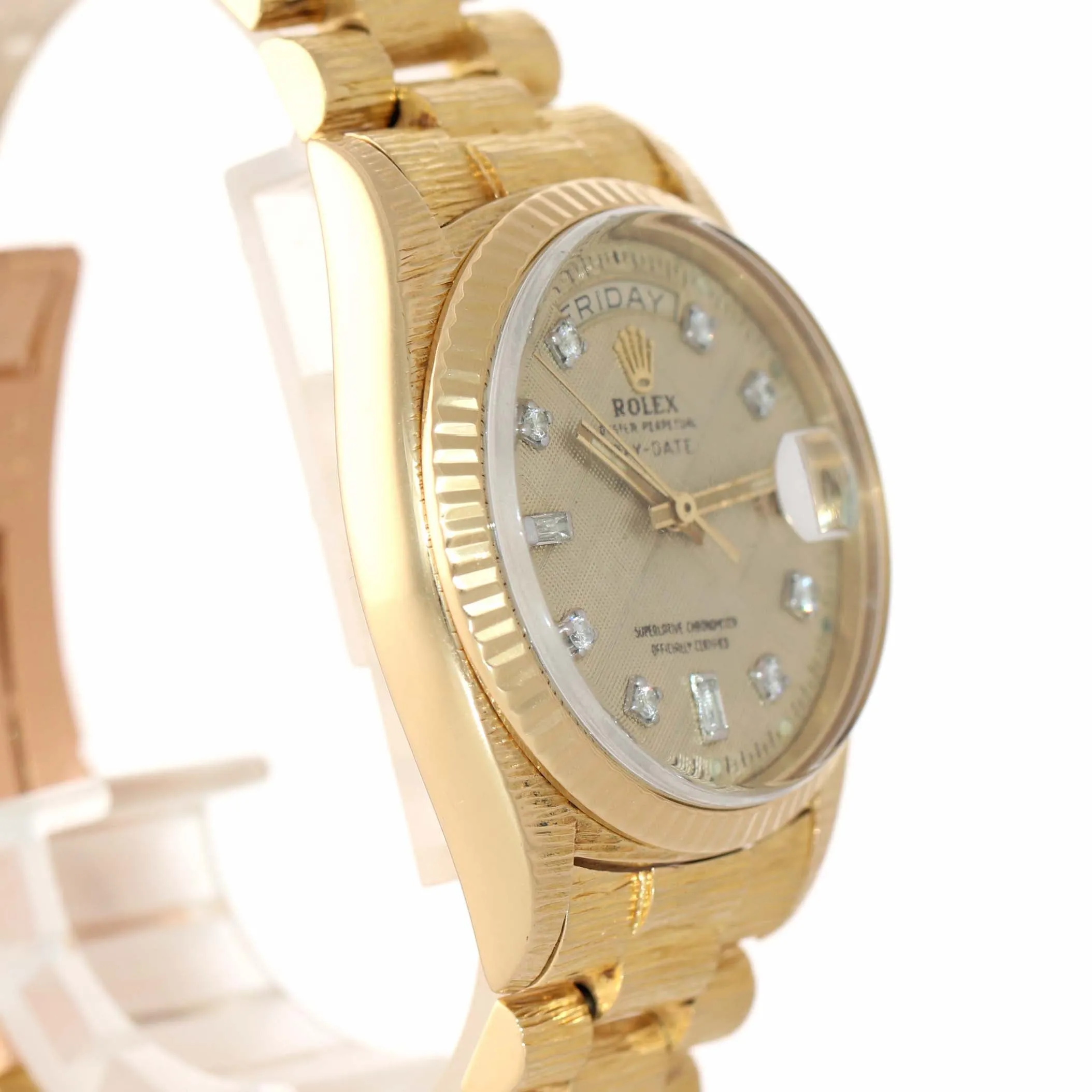 Rolex Day-Date President Champagne Diamond Dial 1803 Florentine Bark 18k Watch