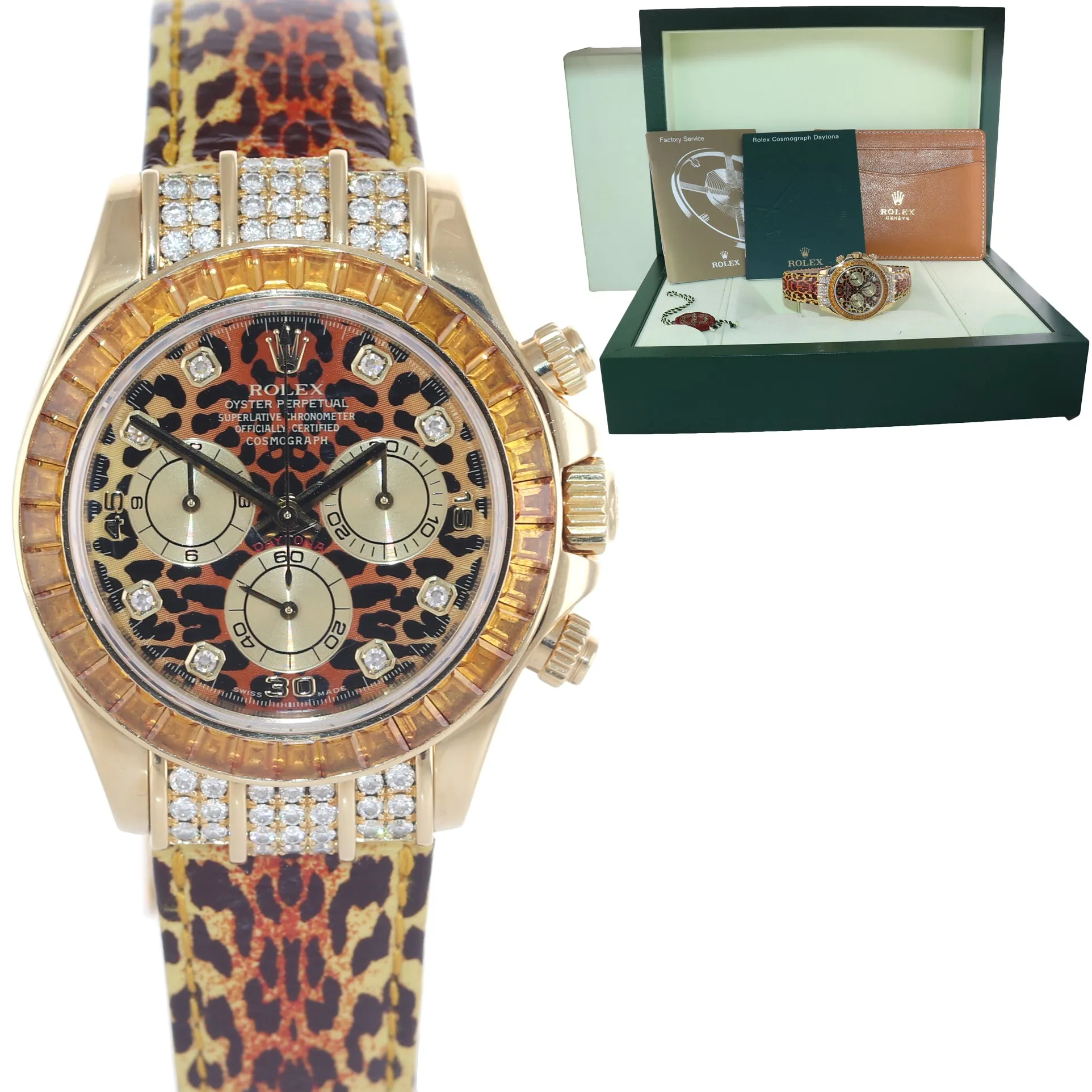 Rolex Daytona 116598SACO Yellow Gold Leather Leopard Safari Diamond Watch