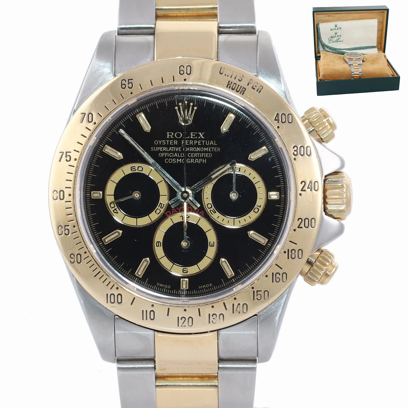 Rolex Daytona 16523 Black Dial Zenith 18k Gold Steel Two Tone Chronograph Watch