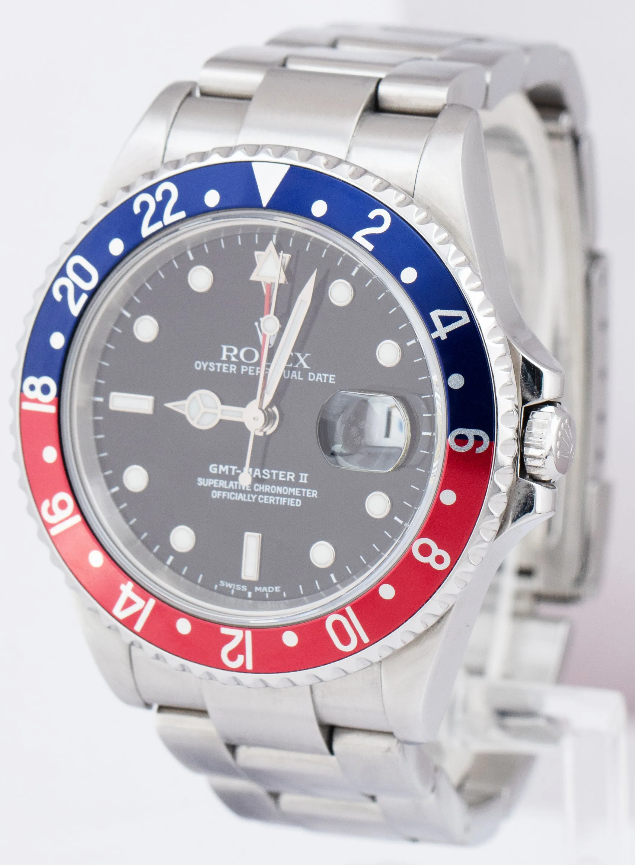 Rolex GMT-Master II 40mm PEPSI RED BLUE Steel NO-HOLES CASE Black Watch 16710