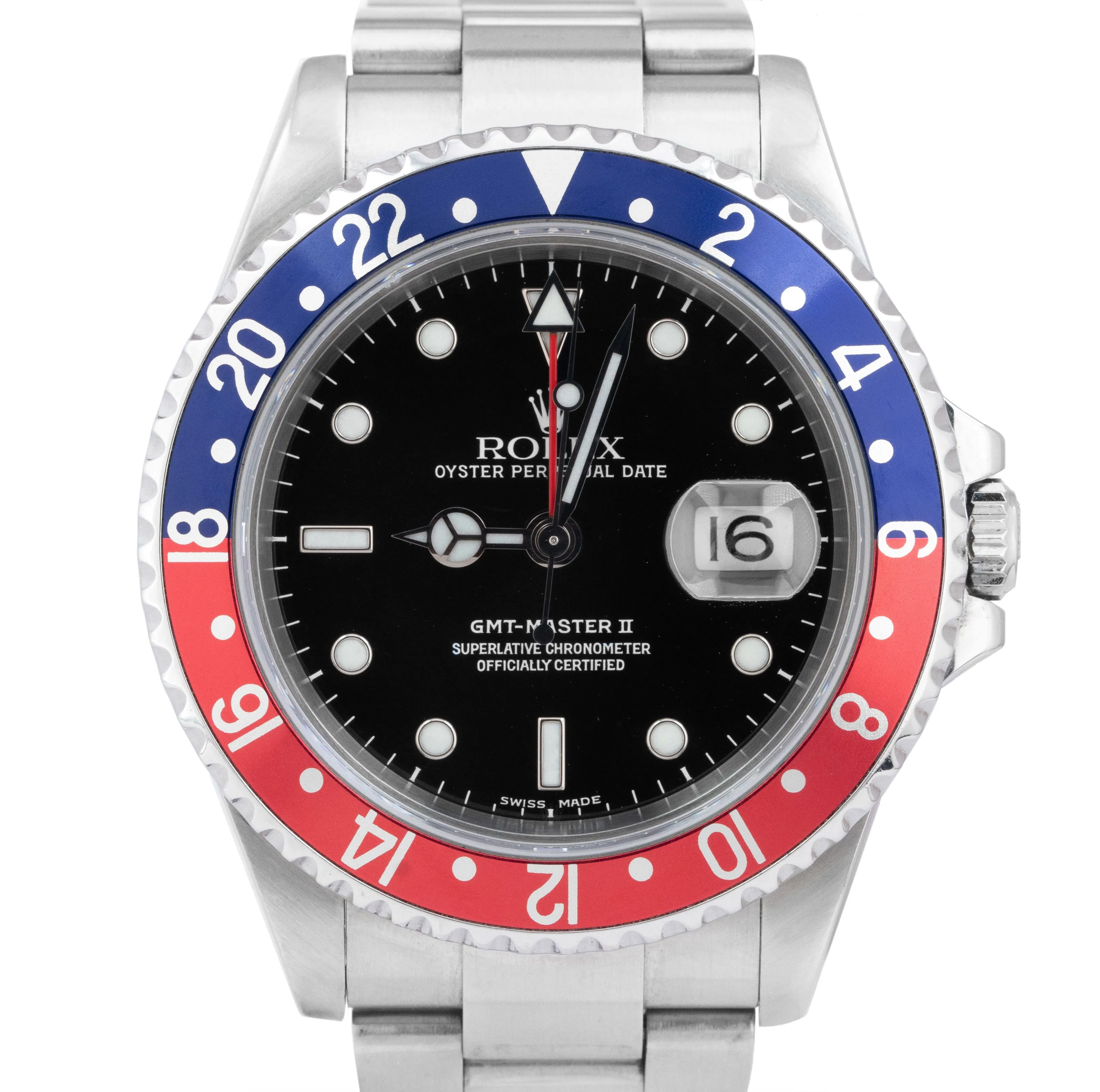Rolex GMT-Master II 40mm PEPSI RED BLUE Steel NO-HOLES CASE Black Watch 16710