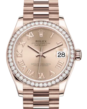 Rolex Lady-Datejust 31 Rose Gold Rose Roman Dial & Diamond Bezel President Bracelet 278285RBR