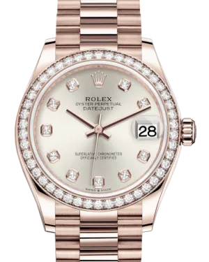Rolex Lady-Datejust 31 Rose Gold Silver Diamond Dial & Diamond Bezel President Bracelet 278285RBR