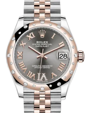 Rolex Lady-Datejust 31 Rose Gold/Steel Rhodium Roman Diamond VI Dial & Domed Set with Diamonds Bezel Jubilee Bracelet 278341RBR