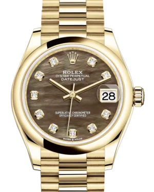 Rolex Lady-Datejust 31 Yellow Gold Black Mother of Pearl Diamond Dial & Smooth Domed Bezel President Bracelet 278248
