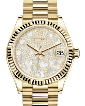Rolex Lady-Datejust 31 Yellow Gold Mother of Pearl Butterfly Diamond Paved Dial & Fluted Bezel President Bracelet 278278