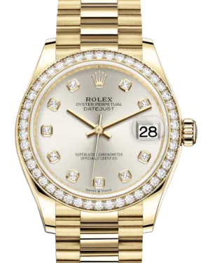 Rolex Lady-Datejust 31 Yellow Gold Silver Diamond Dial & Diamond Bezel President Bracelet 278288RBR