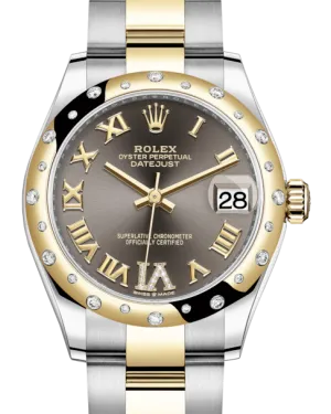 Rolex Lady-Datejust 31 Yellow Gold/Steel Dark Grey Roman Diamond VI Dial & Domed Set with Diamonds Bezel Oyster Bracelet 278343RBR