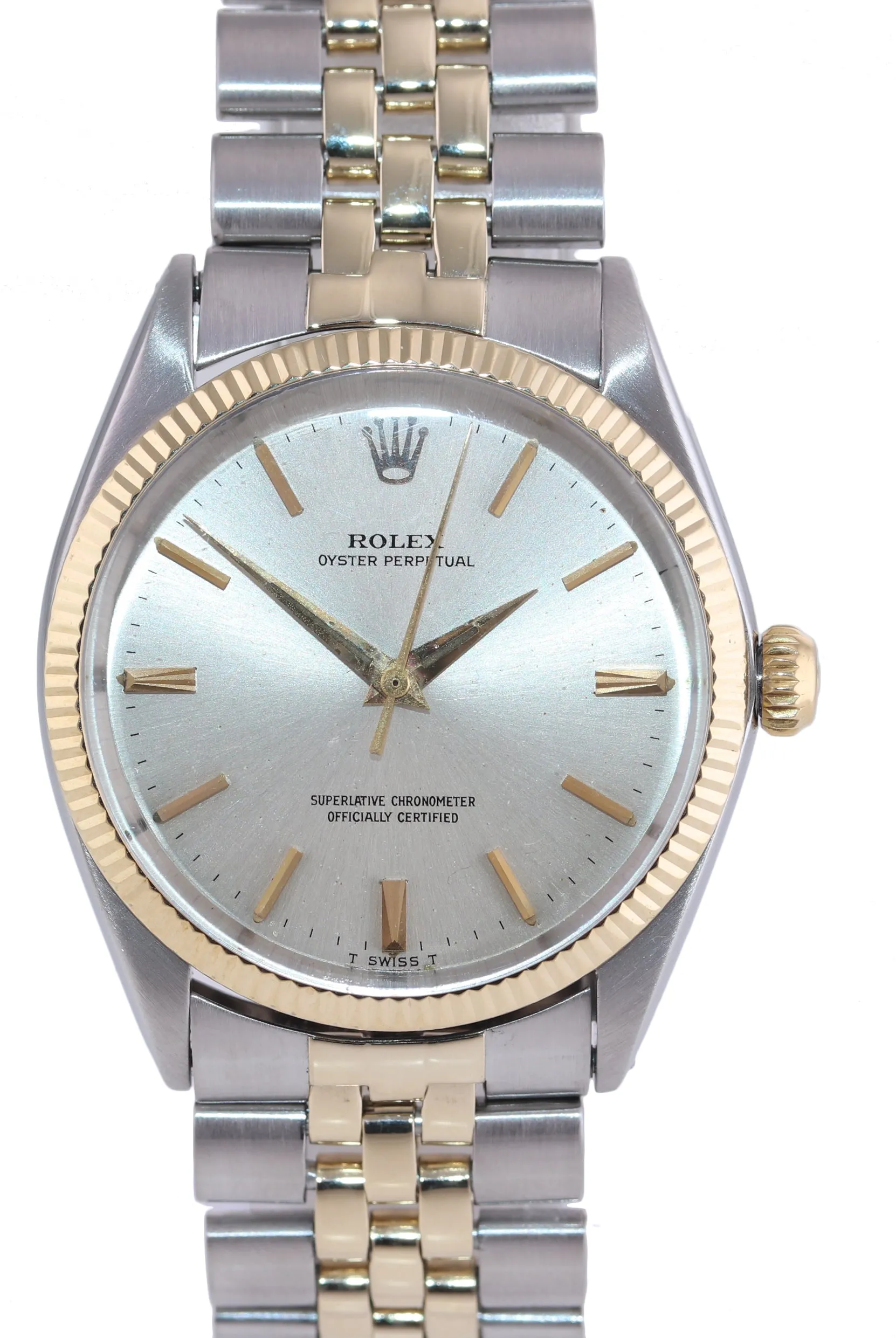 Rolex Oyster Perpetual 1005 Silver Dial 34mm 14k Yellow Gold Two Tone Watch