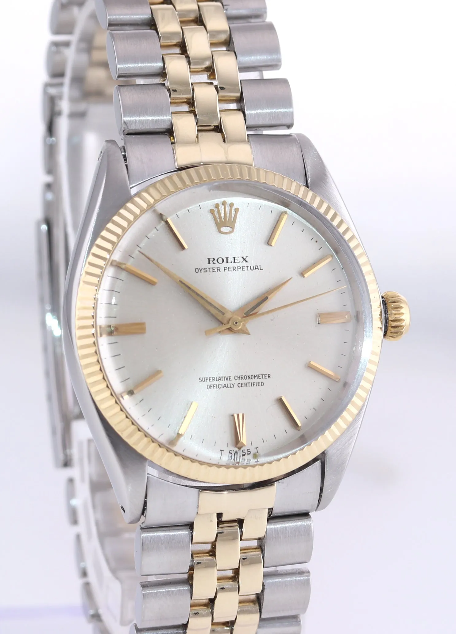 Rolex Oyster Perpetual 1005 Silver Dial 34mm 14k Yellow Gold Two Tone Watch