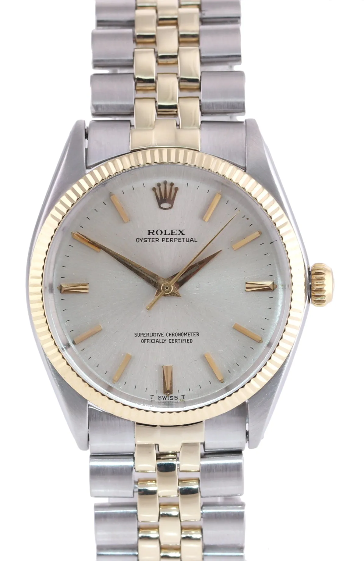 Rolex Oyster Perpetual 1005 Silver Dial 34mm 14k Yellow Gold Two Tone Watch