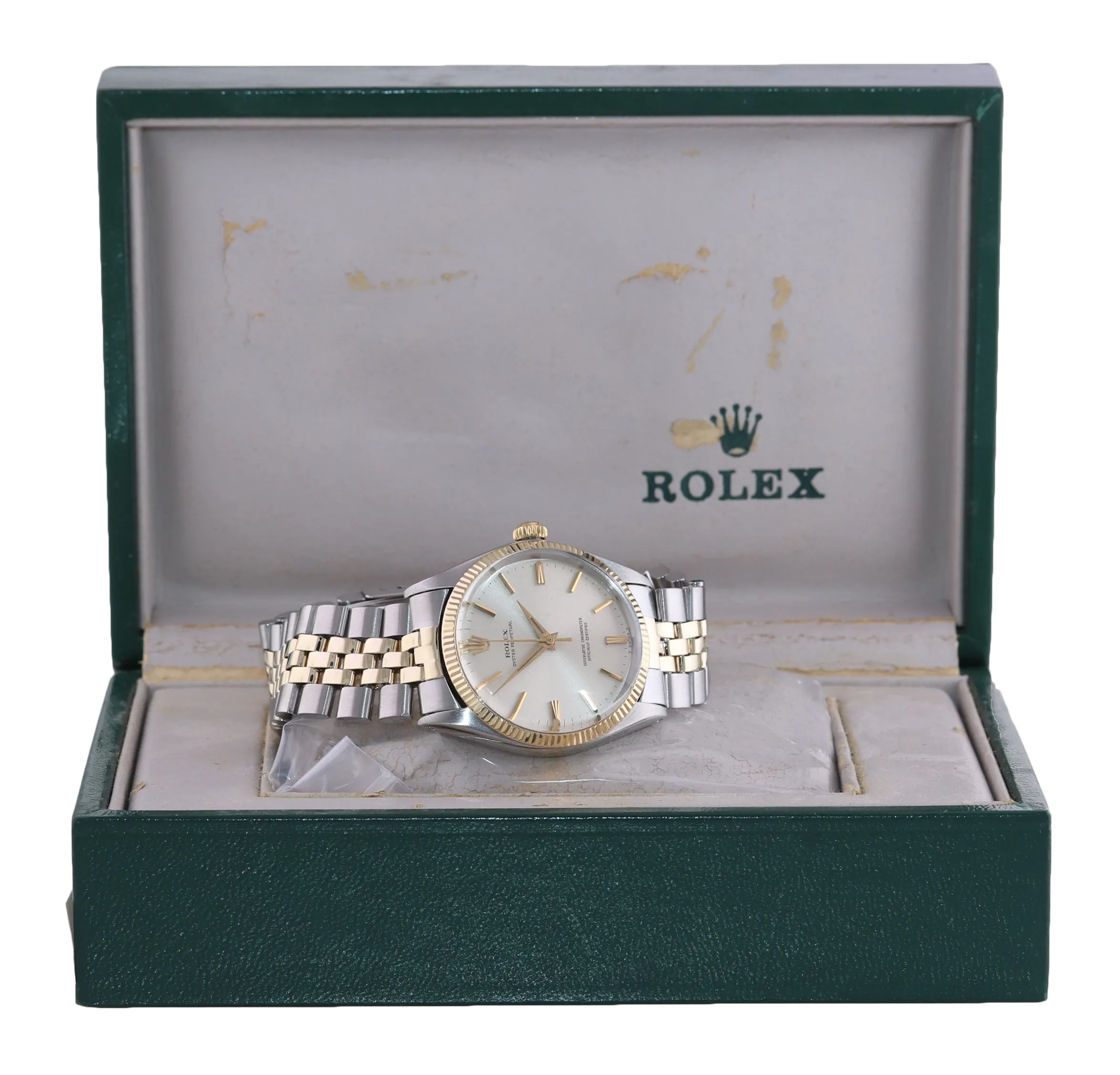 Rolex Oyster Perpetual 1005 Silver Dial 34mm 14k Yellow Gold Two Tone Watch