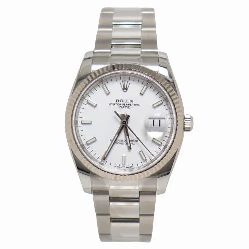 Rolex Oyster Perpetual Date Stainless Steel 34mm White Stick Dial Watch Reference #115234
