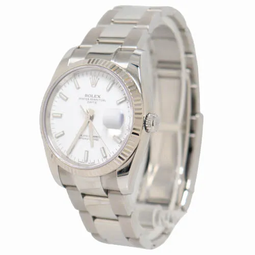 Rolex Oyster Perpetual Date Stainless Steel 34mm White Stick Dial Watch Reference #115234
