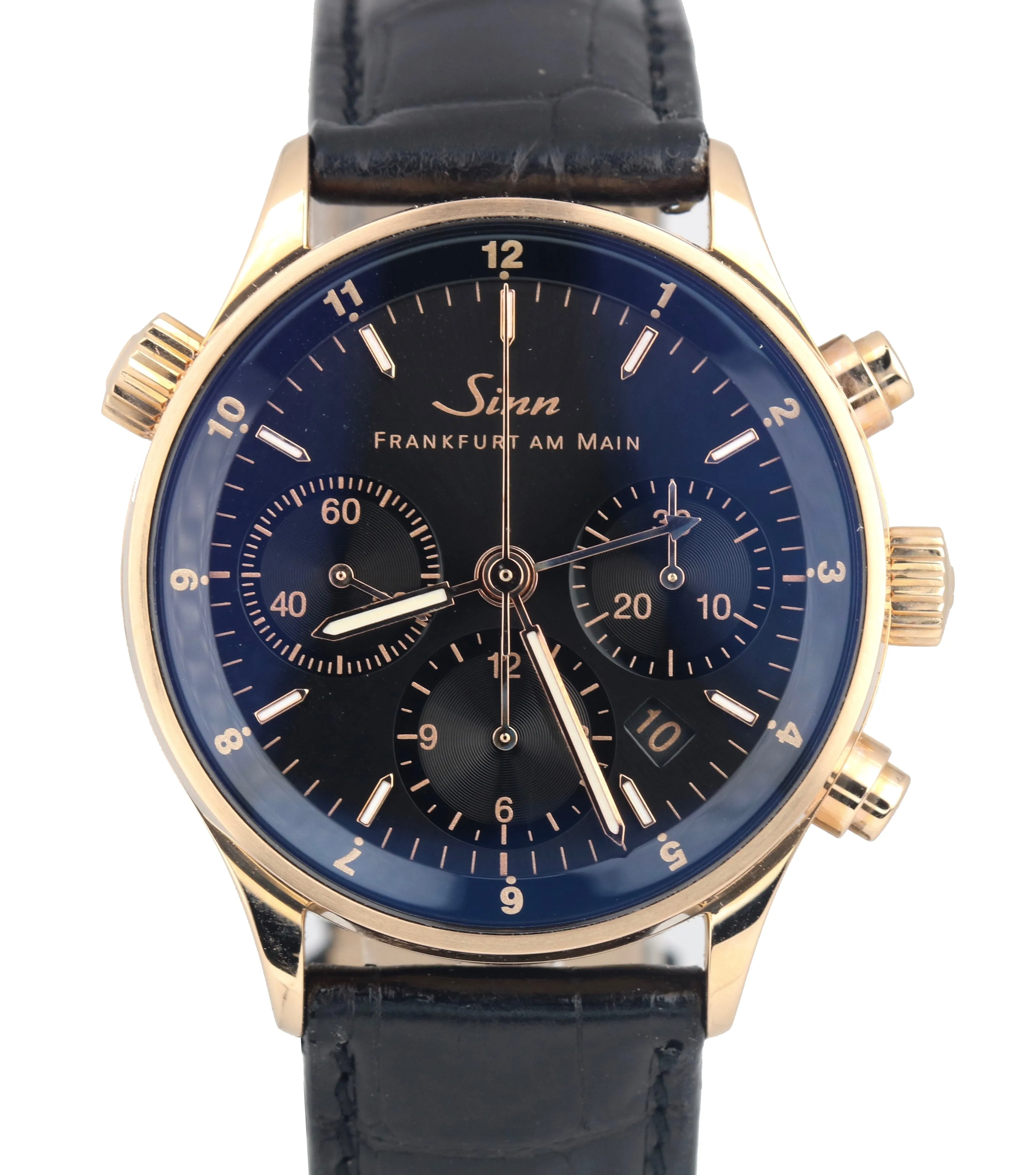 Sinn Finanzplatzuhr 6000 Frankfurt Chronograph 18K Rose Gold 38.5mm Black Watch