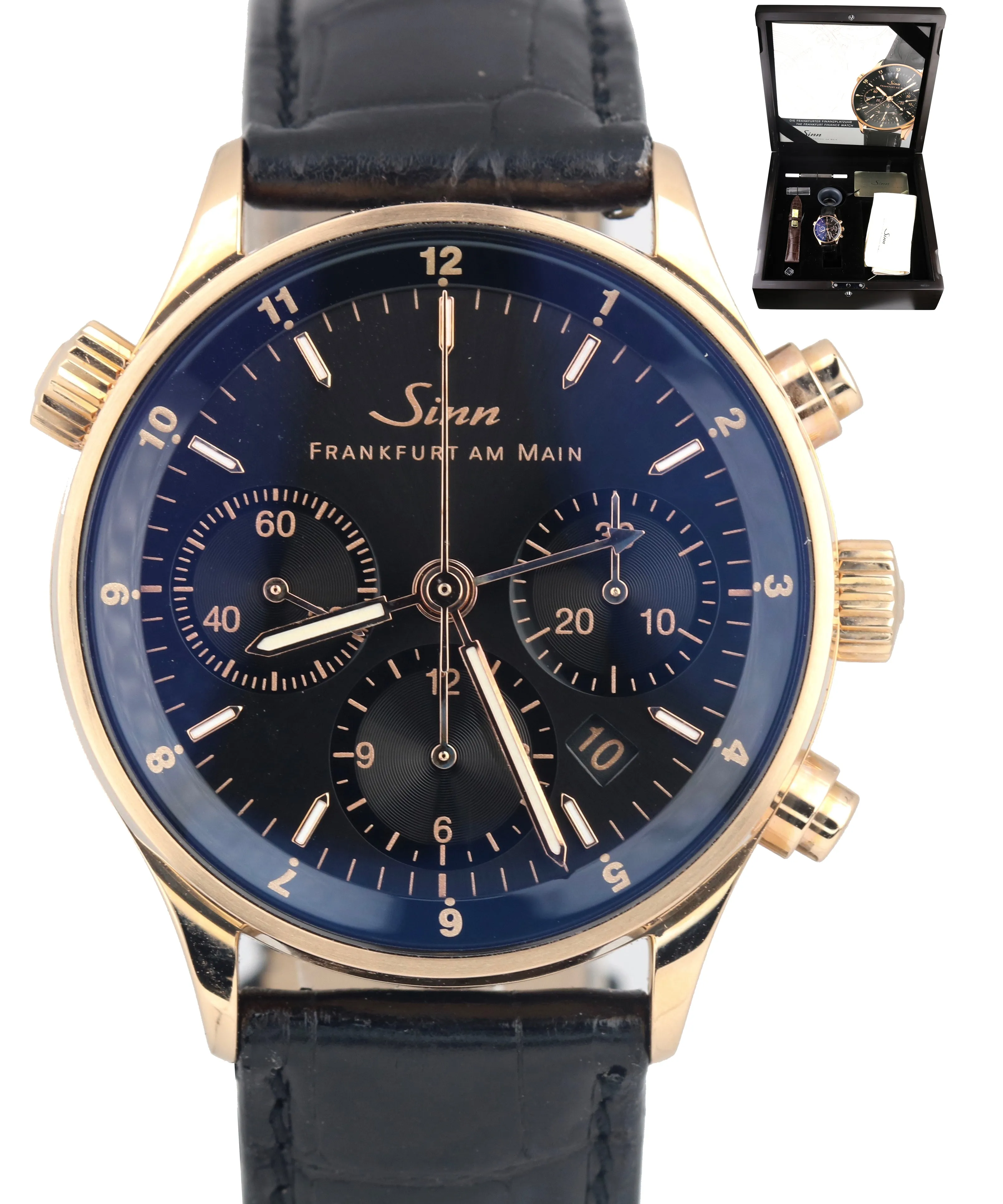 Sinn Finanzplatzuhr 6000 Frankfurt Chronograph 18K Rose Gold 38.5mm Black Watch