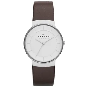 Skagen Brown Leather Strap White Dial Quartz Watch for Ladies - SKW2058