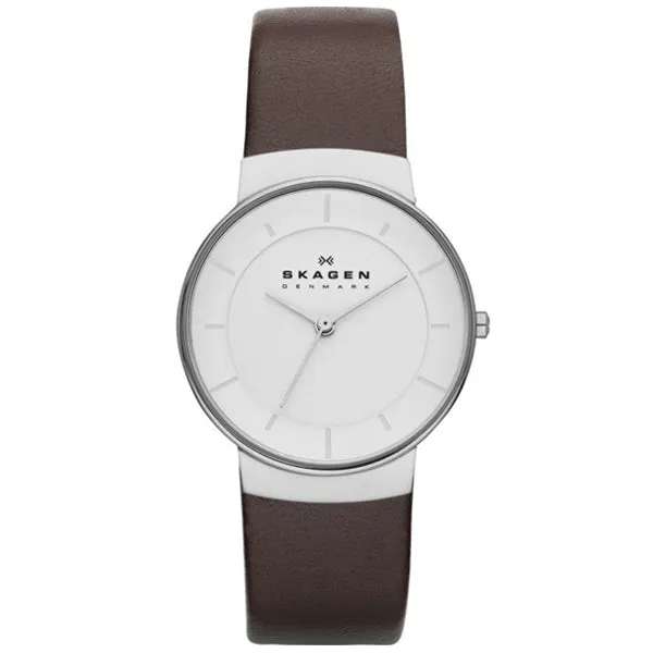 Skagen Brown Leather Strap White Dial Quartz Watch for Ladies - SKW2058