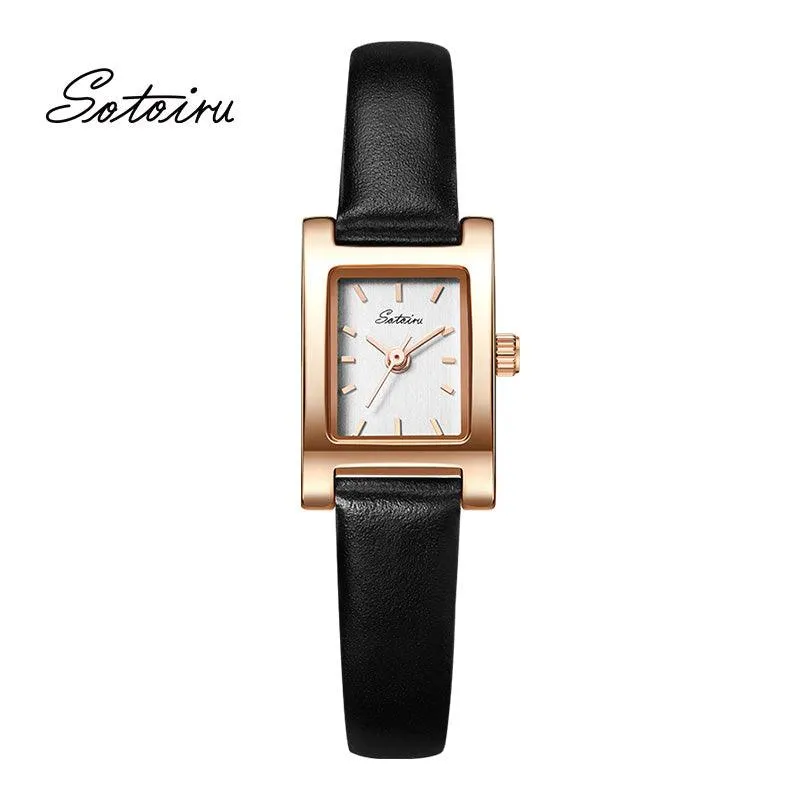 Sotoiru Leather Wristwatch Square Waterproof Quartz Watch for Work T3016P