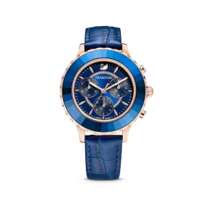 Swarovski Octea Lux Chrono Watch Leather Strap, Blue, Rose-Gold Tone Pvd