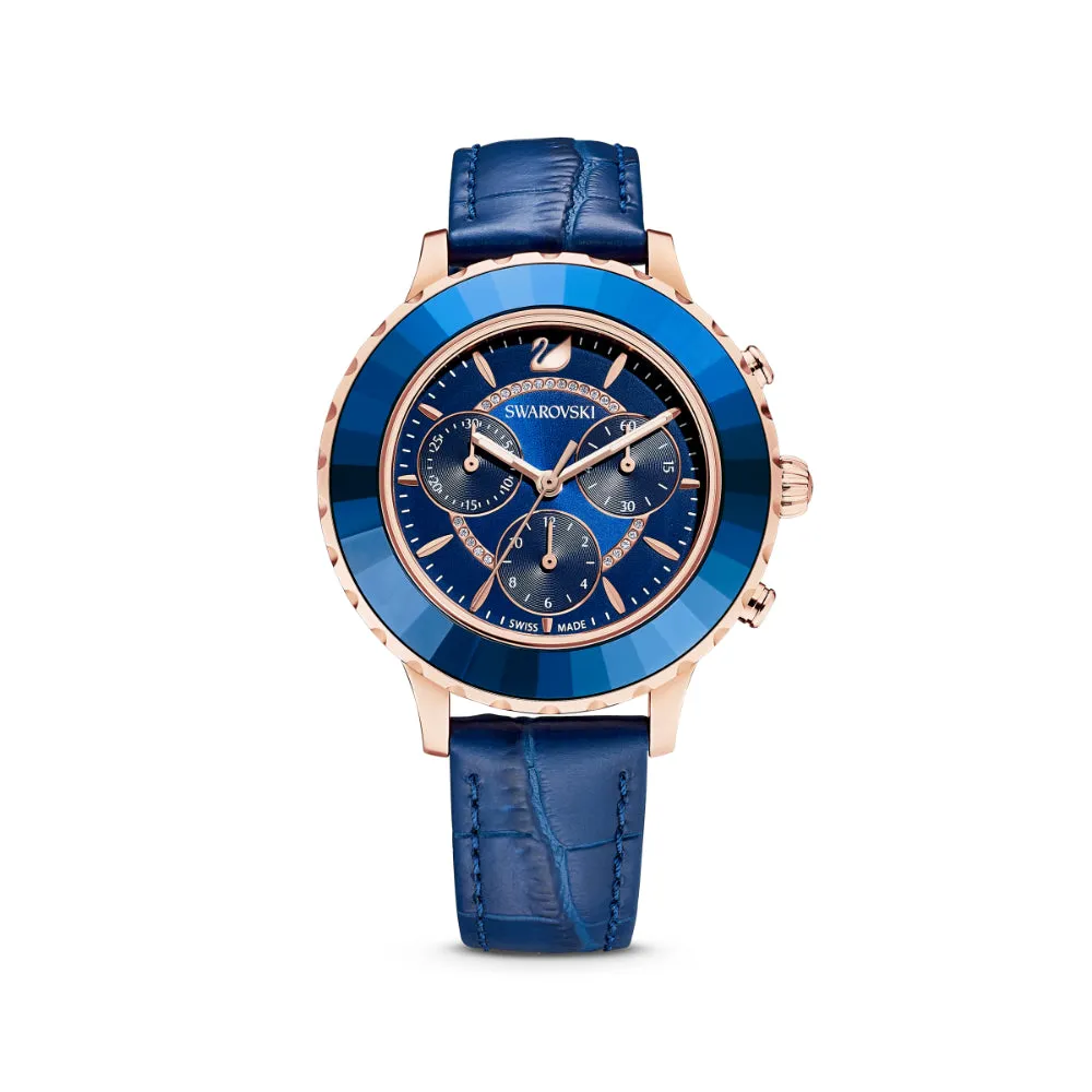 Swarovski Octea Lux Chrono Watch Leather Strap, Blue, Rose-Gold Tone Pvd