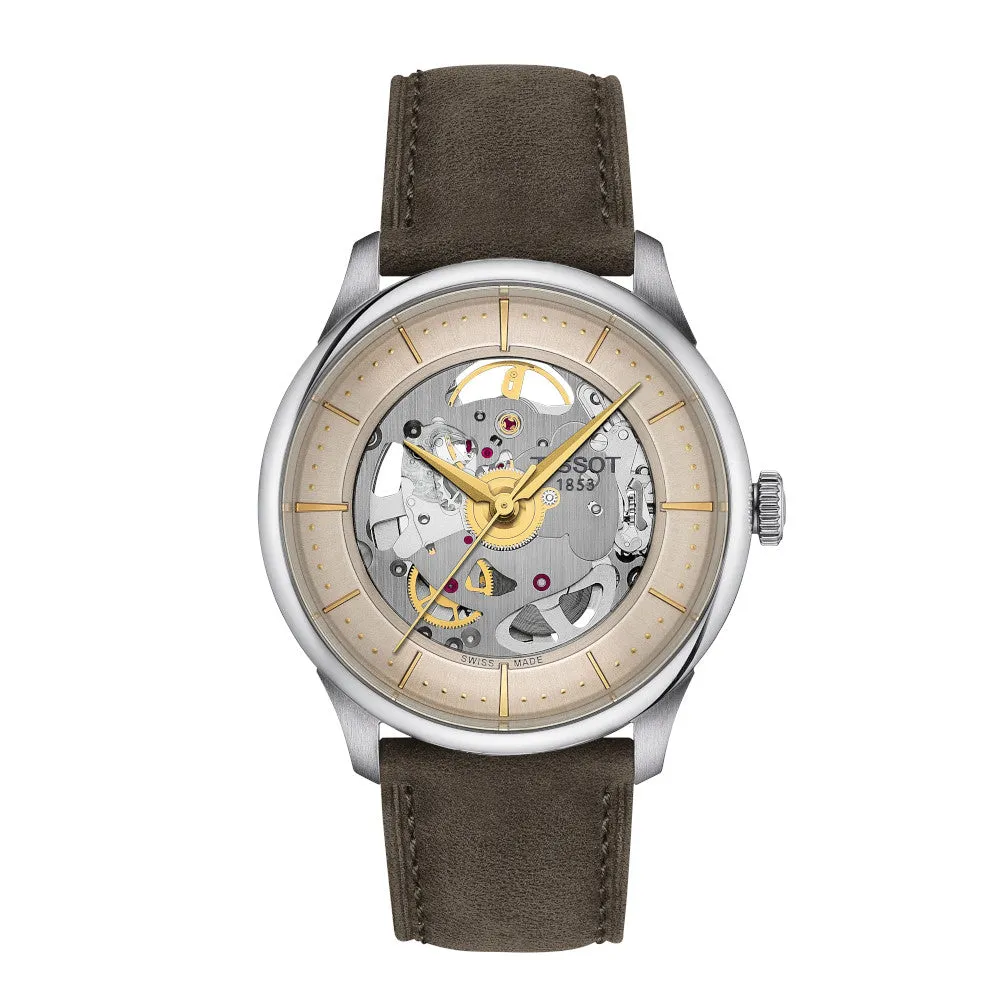 Tissot Chemin Des Tourelles Skeleton Powermatic 80 Mens Stainless Steel Green Leather Strap Watch