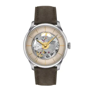 Tissot Chemin Des Tourelles Skeleton Powermatic 80 Mens Stainless Steel Green Leather Strap Watch