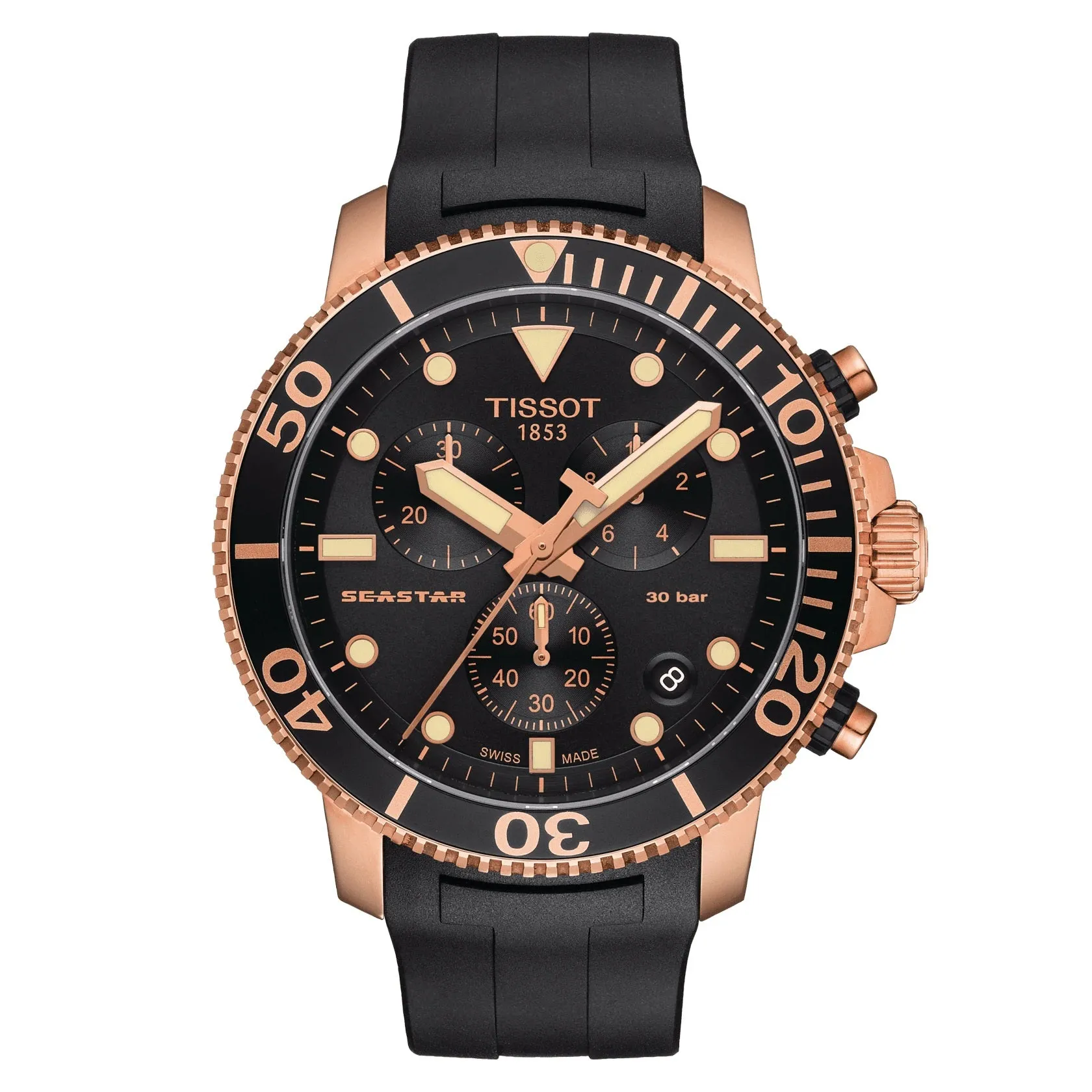 Tissot Seastar 1000 Chronograph Mens Rose Tone Black Dial Rubber Strap Watch