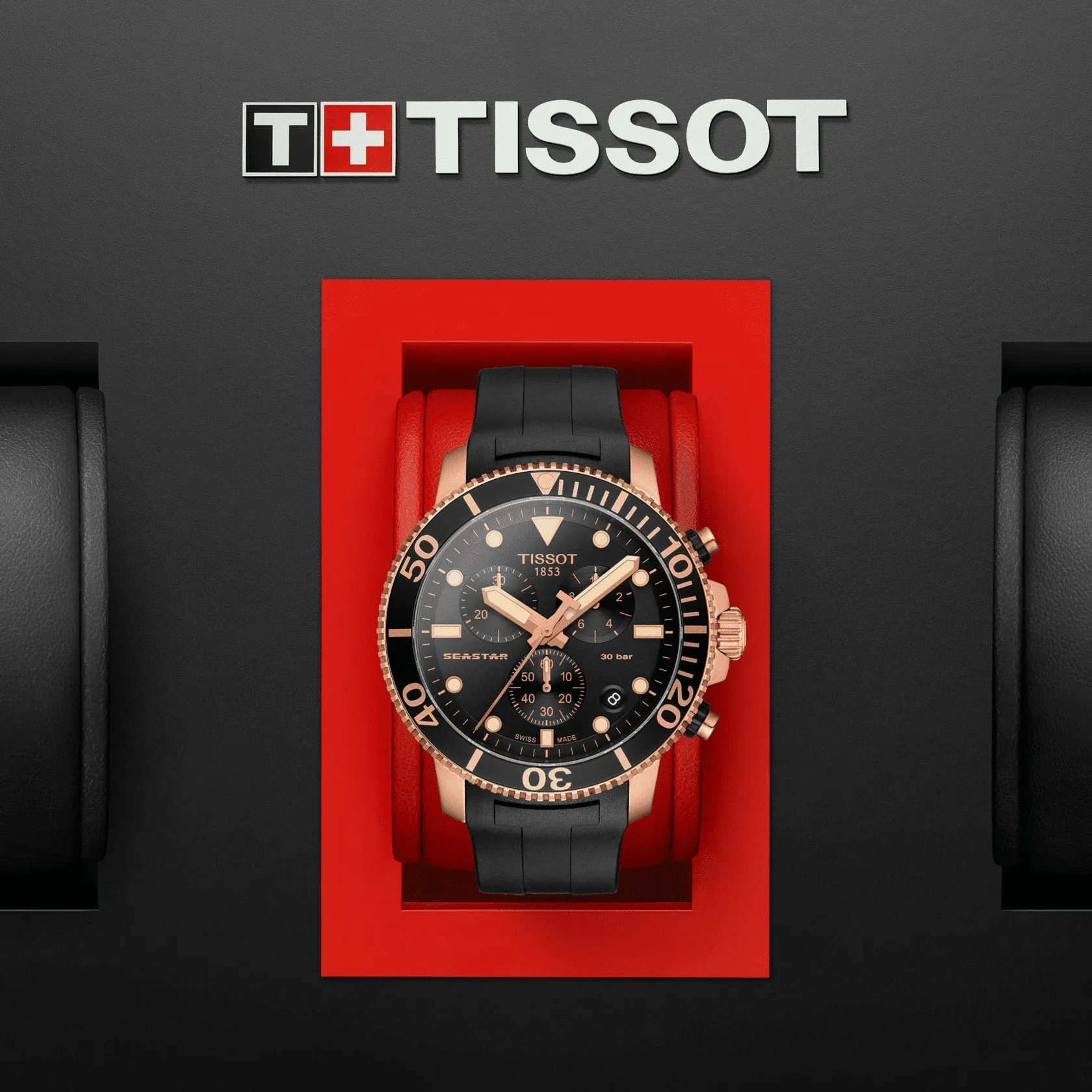 Tissot Seastar 1000 Chronograph Mens Rose Tone Black Dial Rubber Strap Watch