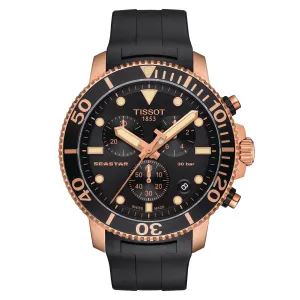 Tissot Seastar 1000 Chronograph Mens Rose Tone Black Dial Rubber Strap Watch