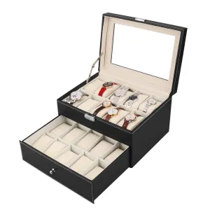 Two Layer 20 Slot Watch Box Large Leather Watch Display Case Glass Top Organizer with Lock