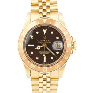 VINTAGE 1979 Rolex GMT-Master Brown ROOT BEER 18K Yellow Gold JUBILEE Watch 1675
