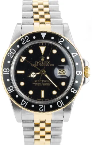 Vintage 1987 Rolex GMT-Master Black GLOSSY 16753 18K Two Tone Jubilee Watch