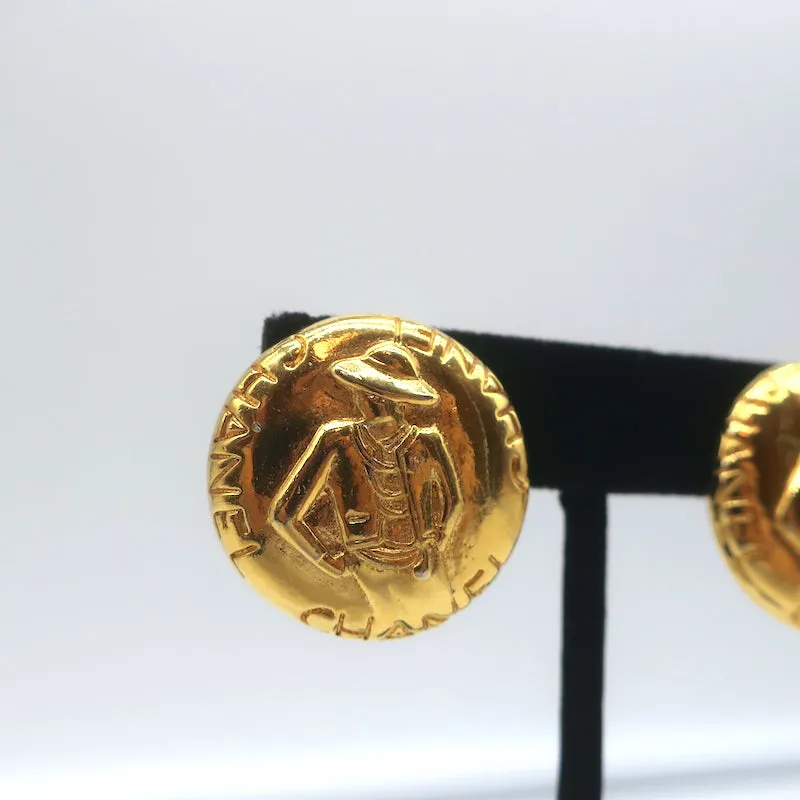 Vintage Chanel 1970s Madame Coco Round Clip-On Earrings Gold