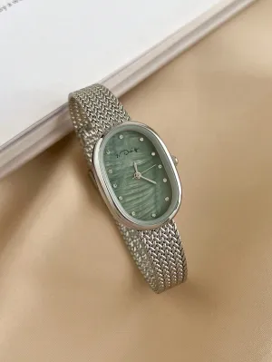 Woven Mesh Strap Oval-Shaped Dial Waterproof Quartz Watch