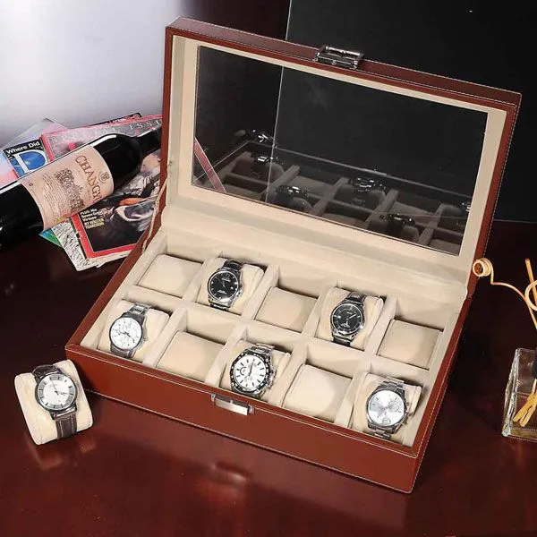 XL 10 Slots Leather Watch Display Case Jewelry Box Brown